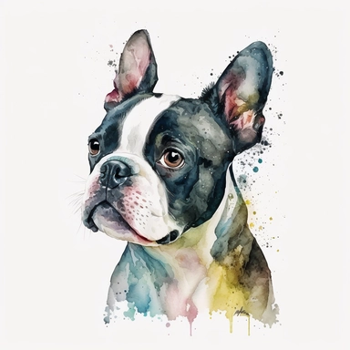 a watercolor painting of a Boston Terrier, clipart, white background