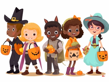 Clipart of children in various costumes going door to door for trick or treating, with bags full of candy.