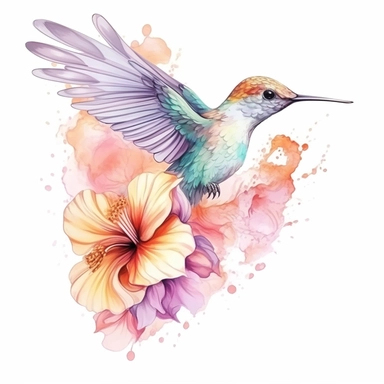 Pastel Cute Beautiful Fairy Hummingbird Flower Watercolor Clipart,Cartoon,hyper realistic, intricate detail, illustration style,high solution,on the white background