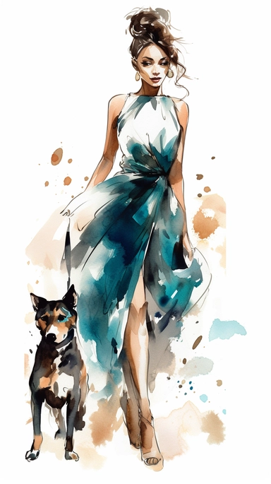 cute young high fashion woman wearing a Halston gown, walking her adorable little dog, vector clipart alcohol ink