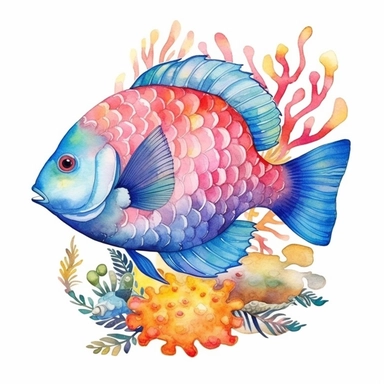 rainbow fish and coral illustration clipart, detailed, black outline, white background, 4k, watercolor, digital art