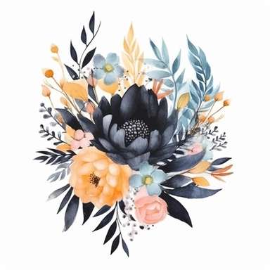 watercolor, handpainted black boho floral clipart, transparent background, spaced out--ar 3:2