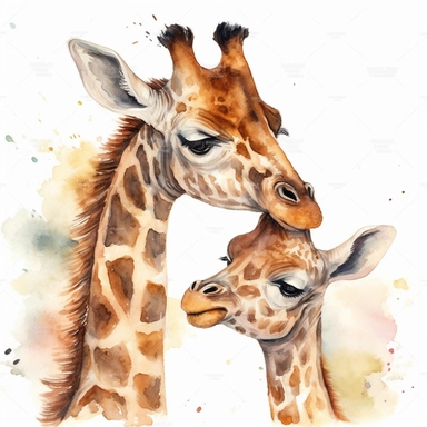 cute mom and baby girraffe kissing each other watercolor clipart
