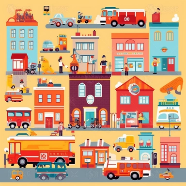 City, street, police, fire department, ambulance, cars flat vector clipart, nursery decor, small child, cute, children room deco