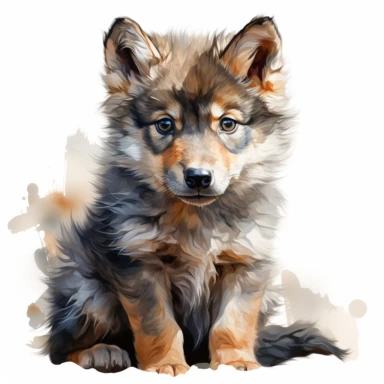 hyperrealistic ultra detailed watercolor clipart, cute baby wolf full body, isolated on white background, in the style of digital print, clipart, illustration, sticker, ultra high definition, rich details, 32K, HD