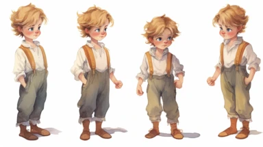 Watercolor , illustrations clipart, character sheet ,cute little boy  Hansel EDIM ( hansel character from the hansel and gratel fairy tale) in poor clothing, various emotions--seed 900