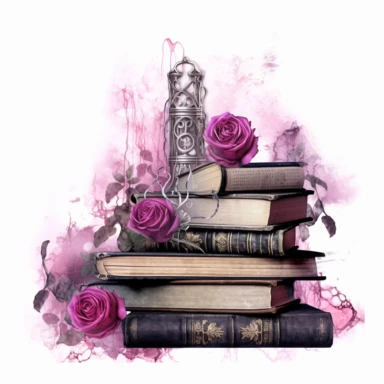 Gothic style books with watercolor effect, suitable for digital clipart, white background, gothic pink scene, gothic colors, gothic tools, gothic roses, dark scene, twinkles