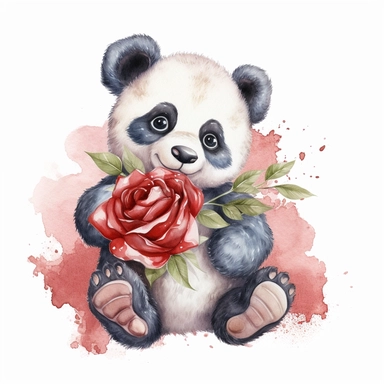 watercolor clipart, image of a happy looking laughing baby panda, holding red roses, white background, no shading, detailed, megapixel, super resolution, no mockup
