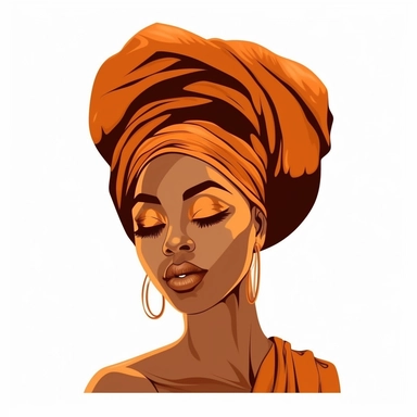beautiful Afro woman with dreads wrapped up in a turban, full lips, brown skin, side view white background, long eyelashes, eyes closed, vector image, woman head, clipart vector type art illustration flat image pretty minimal detail, simple modern cartoon