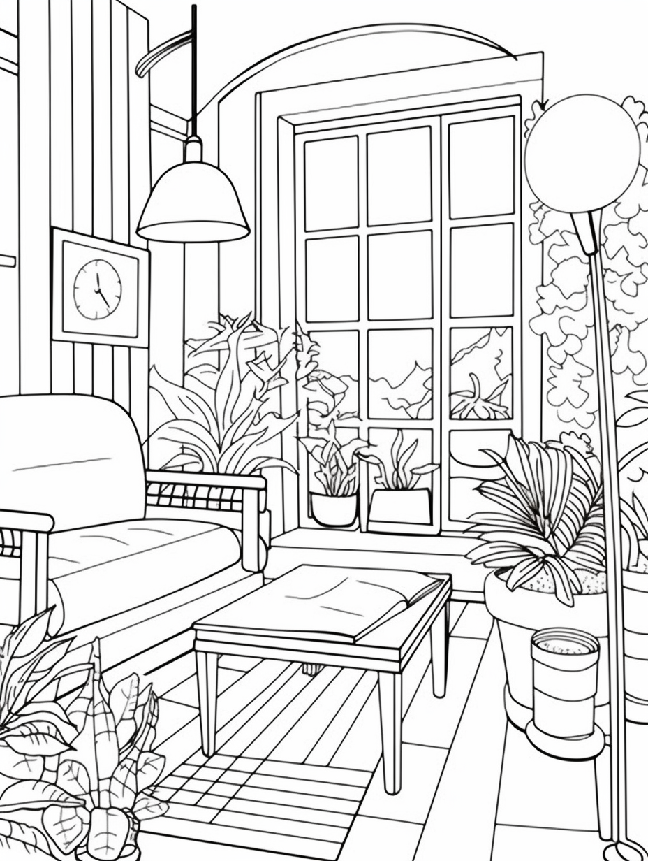 An Adult Coloring Book Featuring Fun and Relaxing Interior Home Designs ...