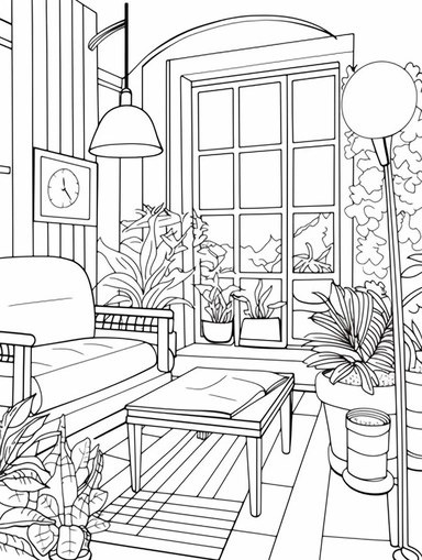 An Adult Coloring Book Featuring Fun and Relaxing Interior Home Designs with Beautifully Furnished Rooms and Welcoming Outdoor Spaces, coloring page line art, black and white clipart for coloring page, simple and clean line art, illustration style,
