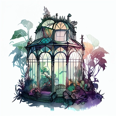 on a white background for a clipart realistic and detailed whimsical deep and bright color watercolor and black ink illustration in the 2d anime style. a glass greenhouse in art nouveau style. Add magic vegetation, magical details and mystical atmosphere. plants are everywhere