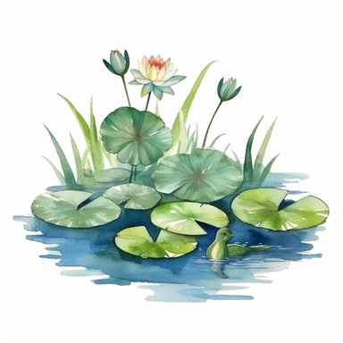 Watercolor Lily Pond Clipart, lily pad and frog pond, CLIPART, fish and birds