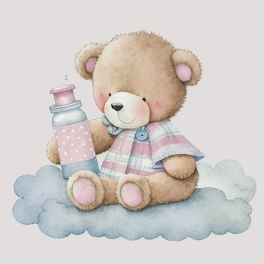 an ultra Cute little baby teddy bear wearing pink striped pyjamas romper with a pink baby bottle and pacifier sitting on a pink fluffy rug, watercolour, cute,, isolated on white background, Clipart