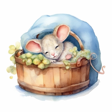 a cute Sleeping baby mouse on a cute bed, highly detailed, watercolor, clipart