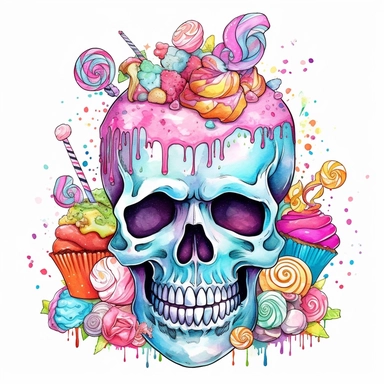 Fantasy beautiful sugar scull and sweets, pastel rainbow color, watercolor, on white background style by Lucy Fleming, watercolor, smooth gradients, black contour outline, ultra detailed, clipart elements, delicate pastel colors, solid white background, super clear, high quality