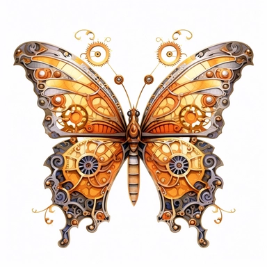 professional gouache hand-painted full body illustration of a steampunk butterfly, Victorian clipart, isolated against white background, accurate, natural form, simple playful style, deep colour, softly lit by golden hour sunlight