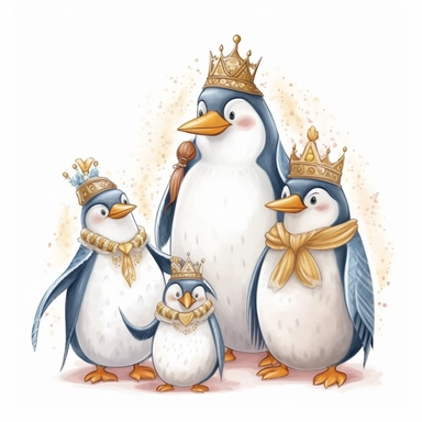a fairy cute Royal Penguin Family clipart , the parents and two kids wearing the coronation robe and crowns and smilling and happy , white background