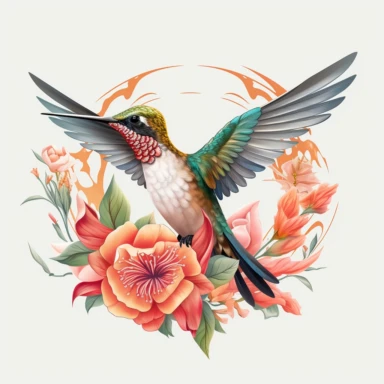 A captivating and highly realistic illustration of a hummingbird, beautifully captured in a vector format with a flat design aesthetic. The hummingbird's intricate feathers, delicate beak, and graceful posture are meticulously depicted, showcasing its natural beauty. It is surrounded by a circular arrangement of colorful flowers, each bloom meticulously crafted with vibrant colors and detailed shapes. Against a clean white background, this clipart provides the perfect base for t-shirt designs, a