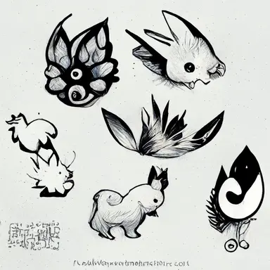 Pokémon style animal, tattoo flash sheet, separate images, black and white, sticker, line art, clipart, white border
