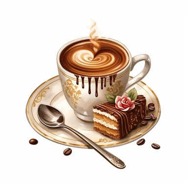 vintage hot cappuccino plan heart and little cake and chocolate sticks digital clipart on white background