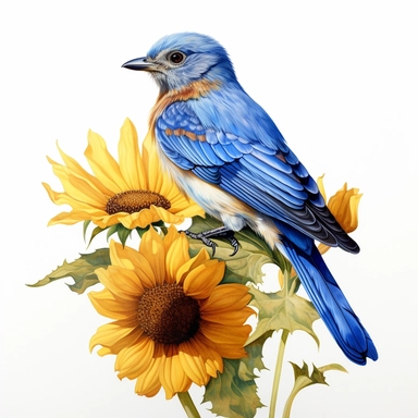 bluebird on sunflowers, original hand drawing, watercolor, understated and flawless coloring image, realistic image, transparent background, realistic painting, portrait without writing clipart, plain isolated white background, 8k ultra detail high sharpness