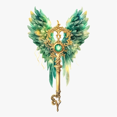 fantasy unique key with wings watercolor clipart, green and gold, make behind the key mystical, white background