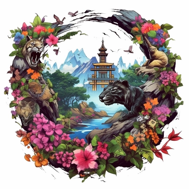 random animal, close up, a sticker, artwork of t shirt graphic of majestic forest, in digital painting style , beautiful flowers, sunset mountains and clouds , big vines, stone temple covered in vines, white background, colorful fantasy flower surround, highly detailed clean, vector image, photorealistic masterpiece, professional photography, realistic, flat white background, isometric, vibrant vector, clipart, illustration, realism, 4k, , cinematic, front view, white background, paradise, extre