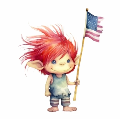 a watercolor, cute troll, hair standing up, red hair, little nose, precious moments, adorable, holding usa flag in hand, summer, clip art, contrasting colors, white background.