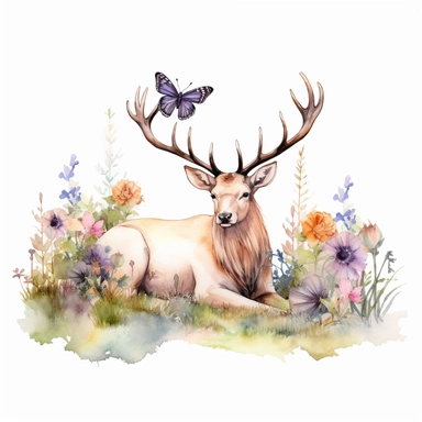 an enchanting watercolor clipart image with a white background and soft pastel colors, showcasing a cute elk resting in a peaceful meadow, surrounded by wildflowers and butterflies. The ultra-detailed, hand-drawn elements capture the tranquility and serenity of the scene. Use shades of brown, green, and pink to create a visually appealing and serene image that conveys the harmony and beauty of the elk in its tranquil surroundings.