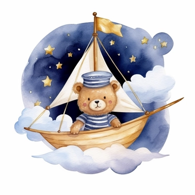 night sky clouds and a swarm of golden stars. a cute plushie sailor bear in a striped blue and white shirt and a sailor hat, in a wooden sailboat with a white sail, sailing on fluffy clouds not sea. dreamy. prominent visible brush strokes, watercolour texture, watercolor clipart png on white background
