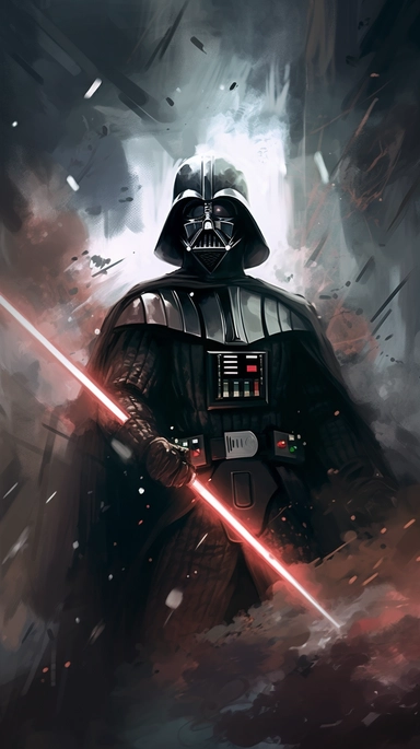 A dramatic Star Wars clipart of Darth Vader, in the midst of a lightsaber duel with a Jedi, with sparks flying and a sense of intense action, emphasizing the power and skill of both characters, detailed environment with a dark, smoke-filled room, Painting, watercolor on paper,