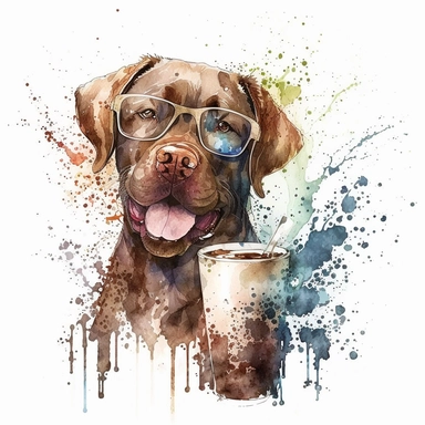 dog labrador,glasses,happy,funny playful, Watercolor,Clipart,drink coffee
