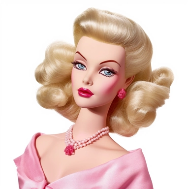 Beautiful pretty barbie doll 50's style, paint art style, detail, clipart, white background, superrealistic, one of a kind