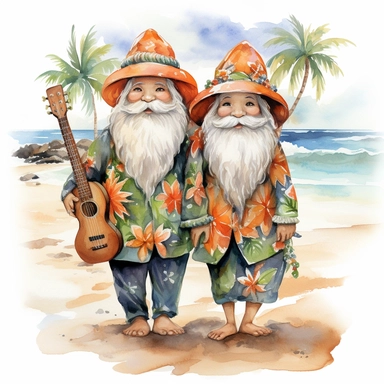 gnomes couple (man and woman) in Hawaii beach outfit, vibrant color, clipart, watercolor illustration, white background