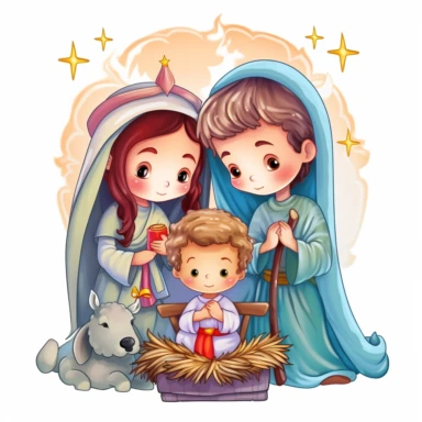 clip art, cute chibi Christmas Nativity scene, birth of Jesus, Christmas, isolated on white background