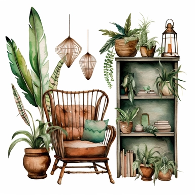 A boho style home corner with watercolor effect,boho furniture,boho style tools,feathers,boho style details,boho colors,suitable for digital clipart,white background,boho style green plants