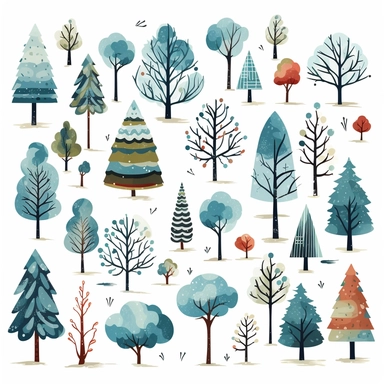 Element of cute winter trees, leaves, fir trees, shurbs , snow. clouds, new year and christmas objects and elements of nature cliparts vestor illustration. white background.