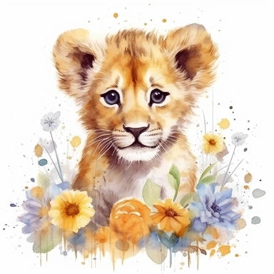 Clipart of baby Lion, a lion cub sitting in a field of flowers, watercolor painting, white background, featured on pixiv, computer art, madhey of flowers, watercolor, digital illustration, detailed painting, realistic