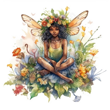 black skinned fairy with wings, friendly face, sitting in wild flowers, very detailed, award-winning illustration, watercolor, fairytale, white background, clipart