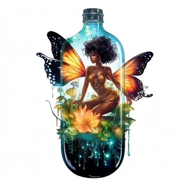 An ebony fairy with delicate wings, floating inside a glowing bottle, surrounded by a lush, vibrant fairyland, clipart, white background