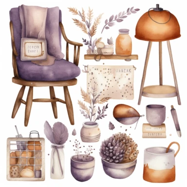 home decor items isolated on white background, watercolor Clipart Collection, cute objects , high quality intricate detailed illustrations, delicate pencil texture, dotted texture, intense vivid colors, burnt sienna, lavender, beige colors, panasonic lumix s pro 50mm f/ 1. 4, rough clusters, strong use of contrast, dreamy mood