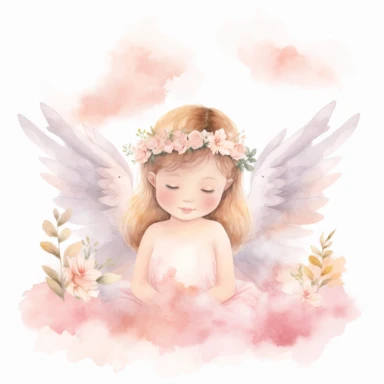 A watercolor painting of a little girl with a flower crown on her head.