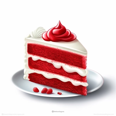 Design a clipart image of a red velvet cake white background. Depict a moist and velvety red-colored cake layered with cream cheese frosting, creating a visually striking dessert.