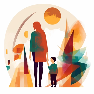 abstract style clipart, mom and 2 year old son, white background