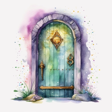 cartoon fairy door, glowing lights and sparkles, colors of green purple gold and blue, glamorous realistic and detailed, watercolor, white background with margins, clipart style