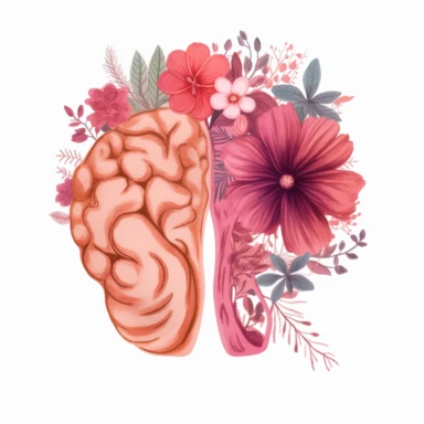 Flat simple Clipart, Wildflower brain, mental health, left is half brain organ in pink blush Color and right half are flowers, minimalist, isolated white background, single design, 8k