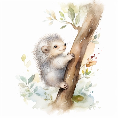 a whimsical watercolor clipart image with a white background and soft pastel colors, showcasing a baby porcupine carefully climbing a tree, its gentle demeanor and adorable quills reflecting its gentle and endearing nature.