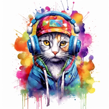 colorful cat art, full body, wearing cap and headphones, clipart, white background