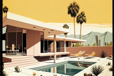 letraset clipart of a midcentury brutalist house and swimming pool in palm springs, 1960's, happy, friendly, washingtonia palms, low camera angle, pool, bob peak, slim arrons